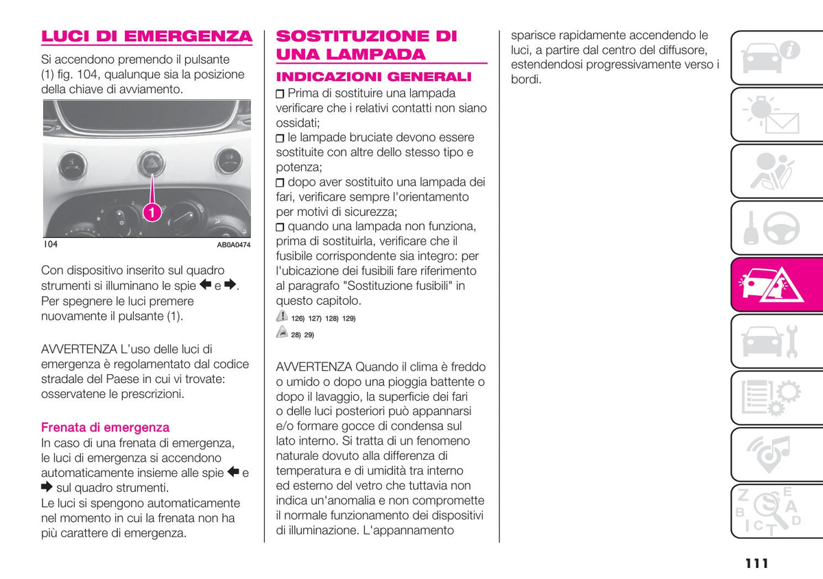 Abarth 595 e 695 manuale uso e manutenzione maggio 2022 in italiano, anteprima a colori: emergenza