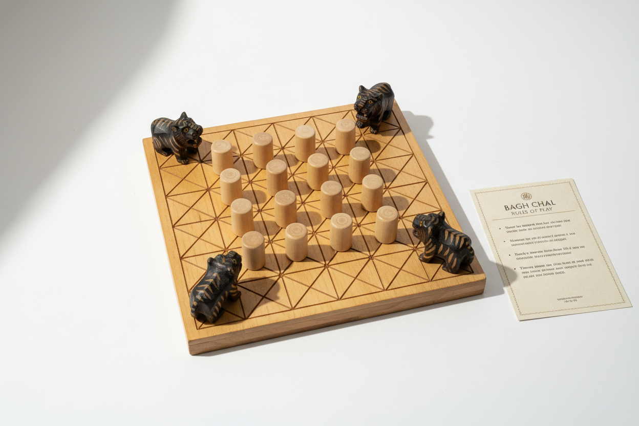Bagh Chal Tiger and Goats Strategy Game Rules creami immagine mokup del gicoo