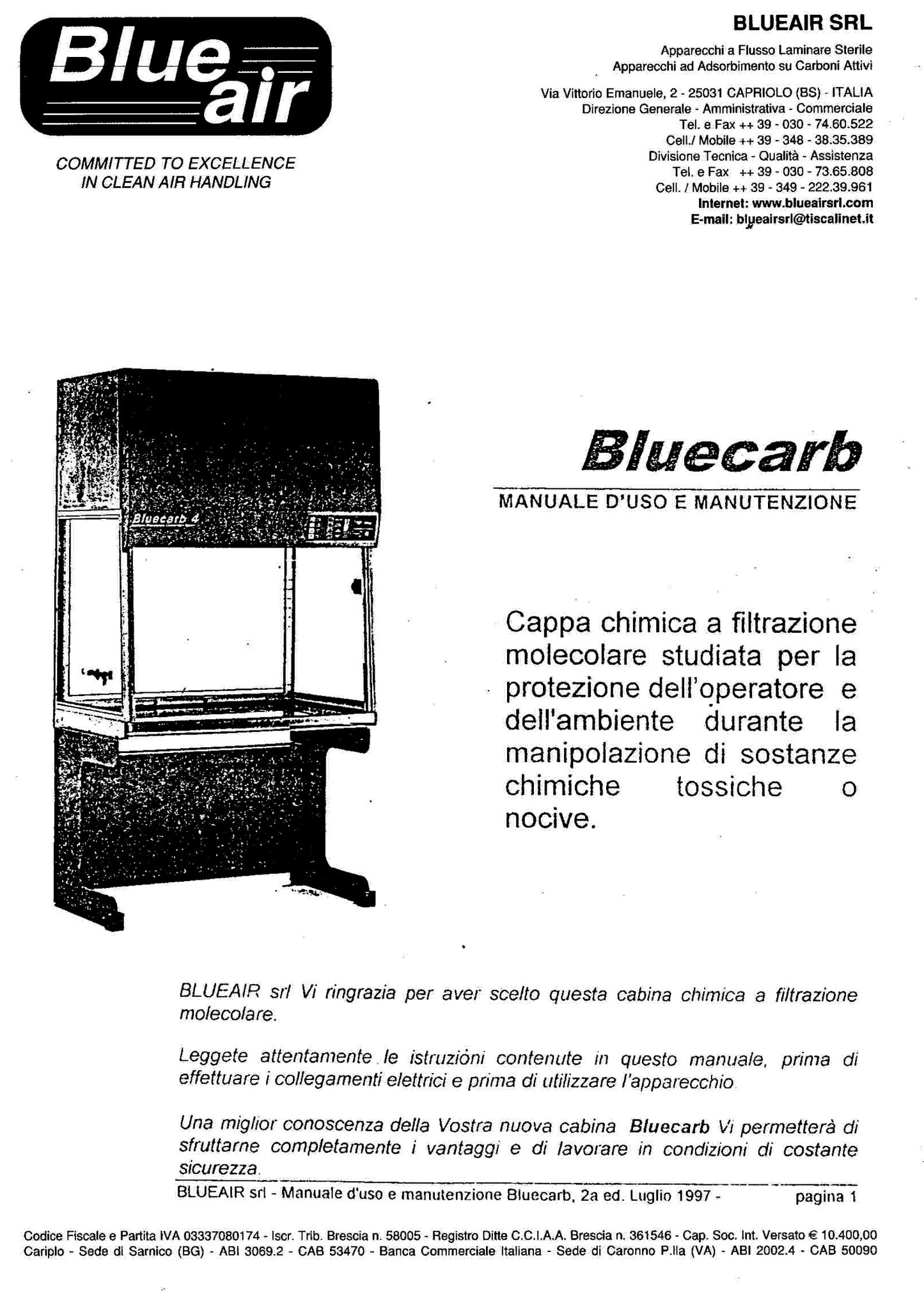 Manuale Blueair Bluecarb - Uso e Manutenzione Cappa Chimica Filtrante (PDF, 2a Ed. 1997)