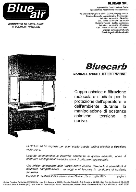 Manuale Blueair Bluecarb - Uso e Manutenzione Cappa Chimica Filtrante (PDF, 2a Ed. 1997)