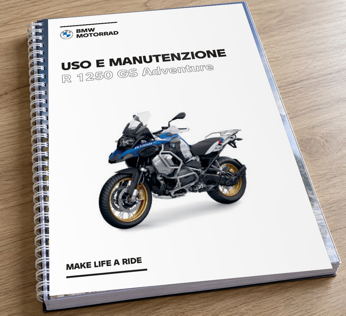 BMW R 1250 GS Adventure, simulazione fotorealistica della stampa fisica A4 con rilegatura a spirale