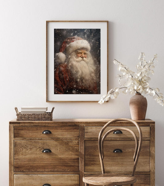Ritratto di Babbo Natale stile vintage con neve, decorazione natalizia farmhouse, stampa stampabile
