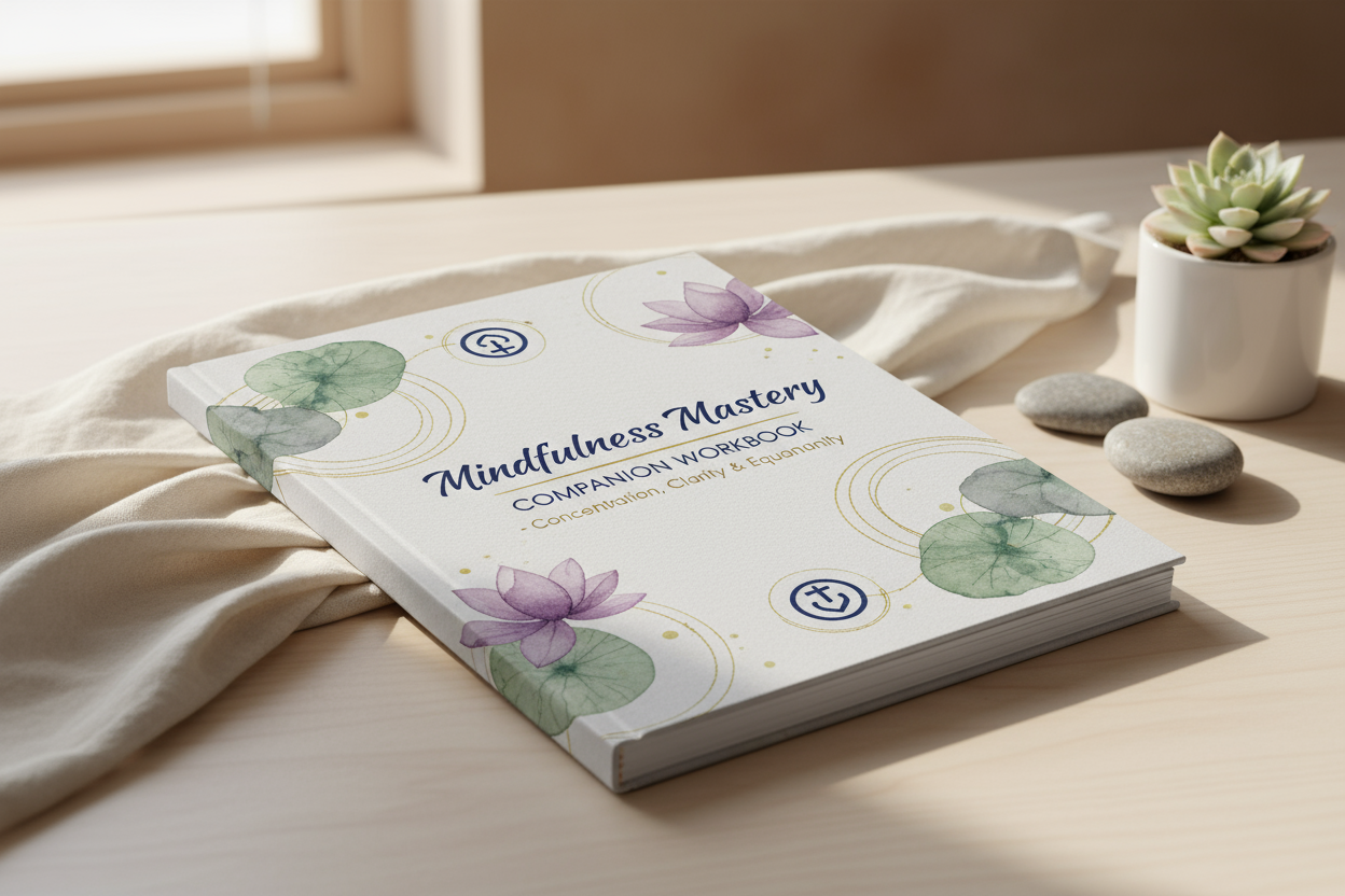 Mindfulness Mastery Companion Workbook — Concentration, Clarity & Equanimity crea l'immagine affinche l'utente che visita il sito rimanga attratto dall'immagine e possa essere invogliato ad acquistarlo