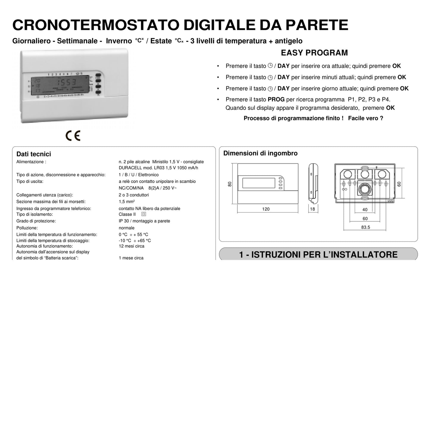 Manuale Istruzioni Cronotermostato Perry DECRNN005 Easy Program – Programmazione Inverno/Estate (PDF)