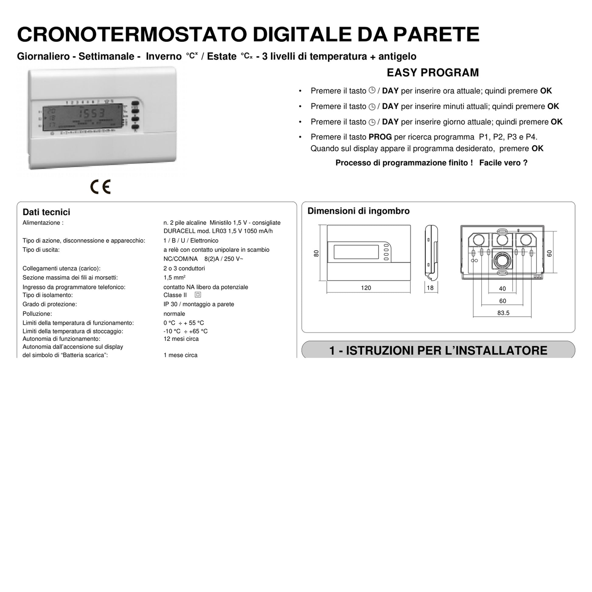 Manuale Istruzioni Cronotermostato Perry DECRNN005 Easy Program – Programmazione Inverno/Estate (PDF)