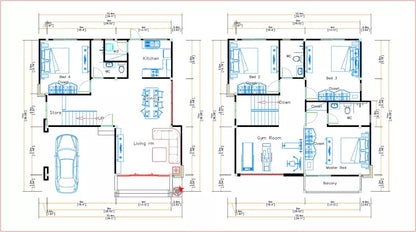 Printable 4 bedroom 3 bathroom modern house plan with shed roof, 9x11 meters (30x36 feet), PDF with 3D views and CAD files