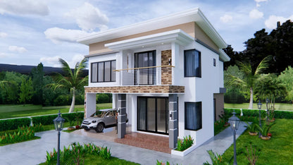 Printable 4 bedroom 3 bathroom modern house plan with shed roof, 9x11 meters (30x36 feet), PDF with 3D views and CAD files