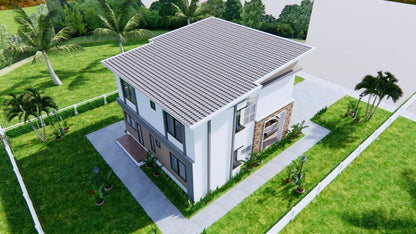Printable 4 bedroom 3 bathroom modern house plan with shed roof, 9x11 meters (30x36 feet), PDF with 3D views and CAD files