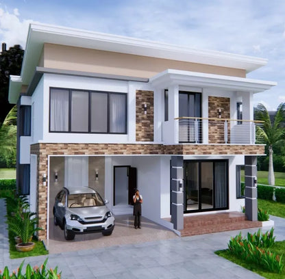 Printable 4 bedroom 3 bathroom modern house plan with shed roof, 9x11 meters (30x36 feet), PDF with 3D views and CAD files
