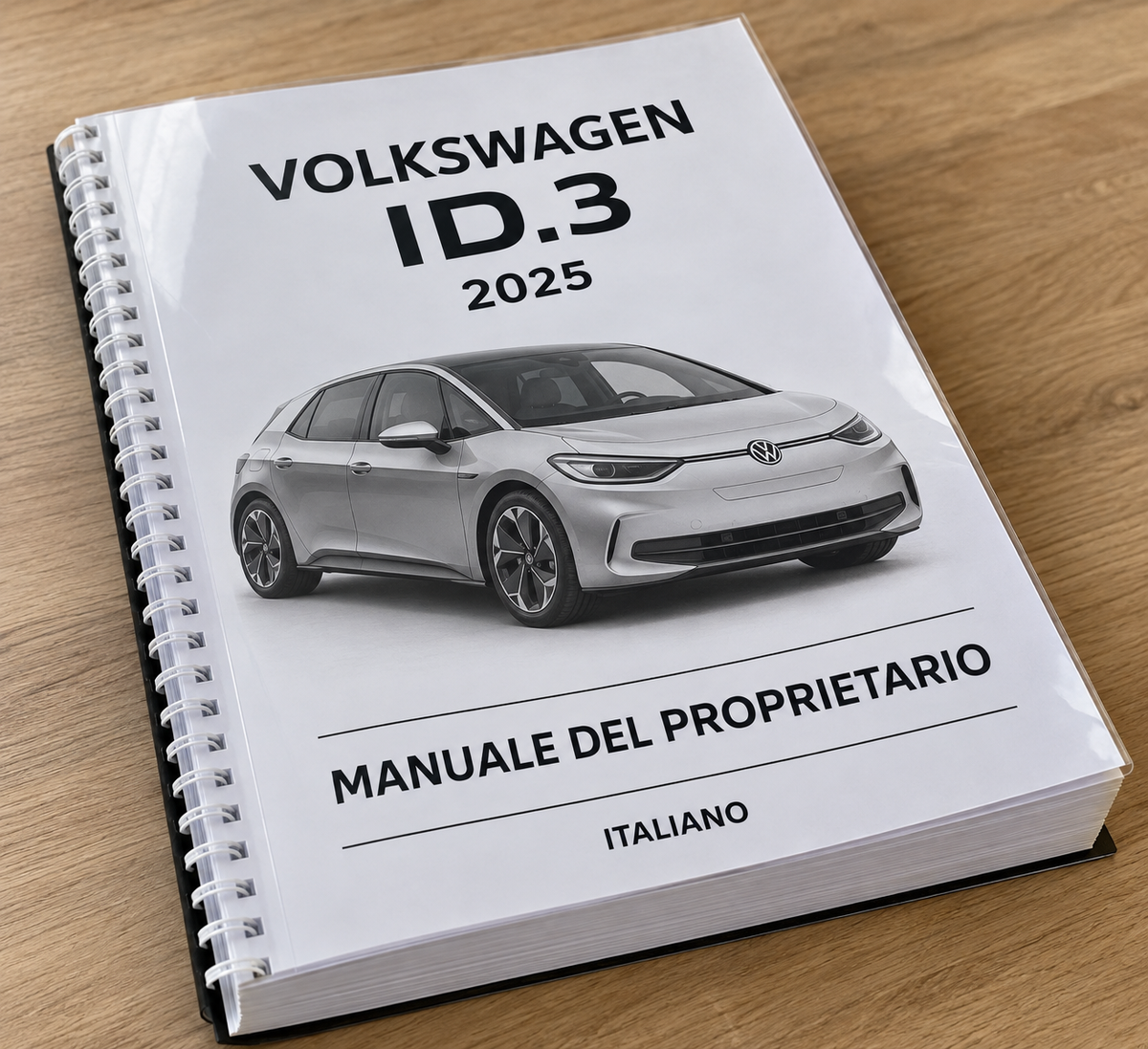 Mockup illustrativo manuale Volkswagen ID.3 2025 cartaceo A4 B/N rilegato