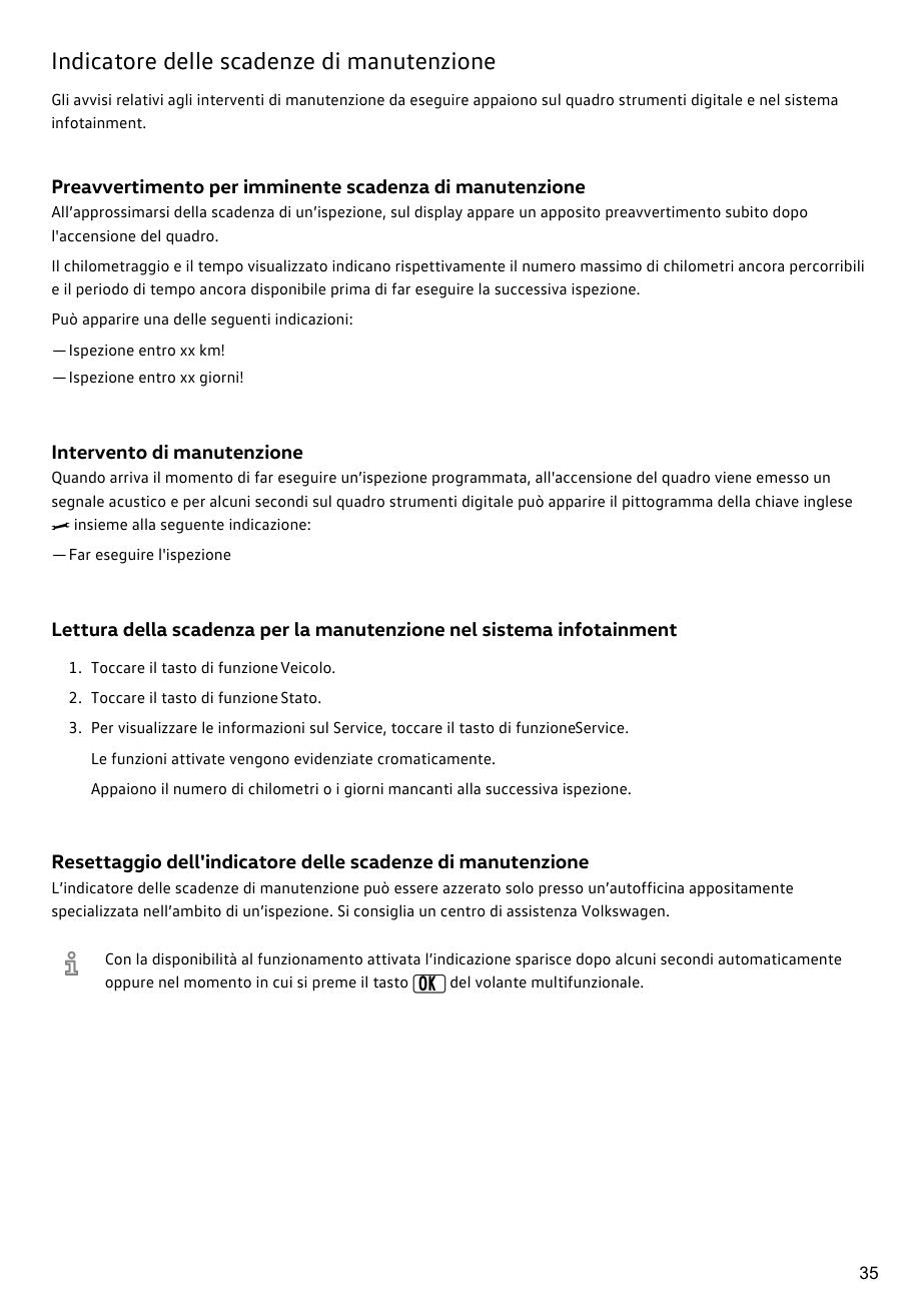 Manuale Volkswagen ID.4 2025 italiano pagina 35: scadenze manutenzione (anteprima della stampa bianco e nero)