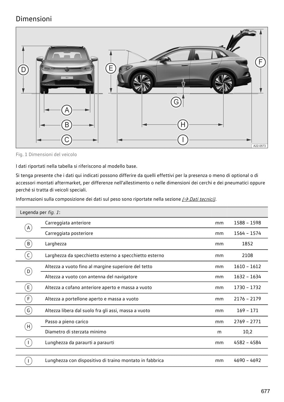 Manuale Volkswagen ID.4 2025 pagina 677: dimensioni, stampa B/N